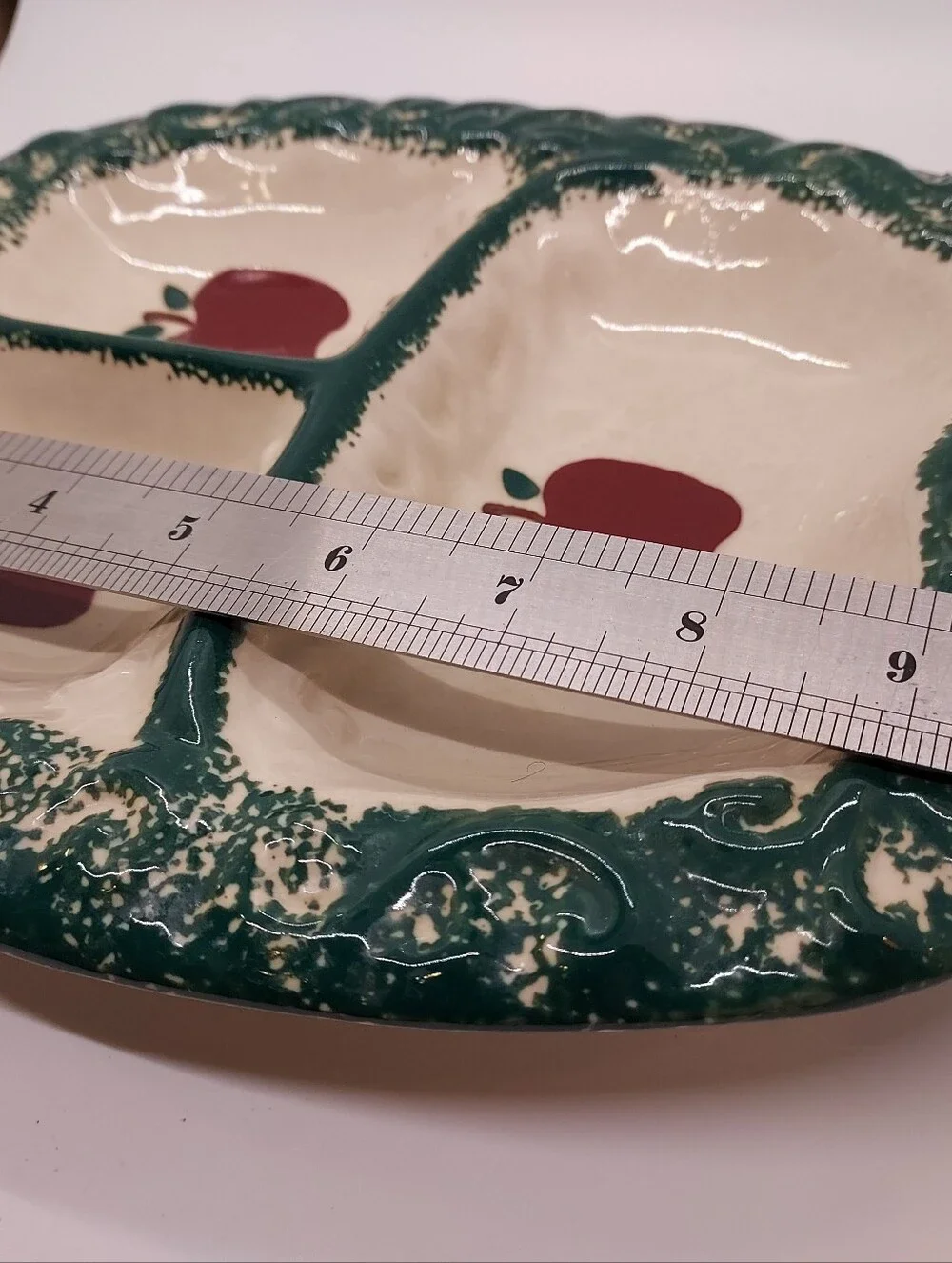 Vintage Green Stoneware Apple Sponeware 3-Part Divided Relish Tray Dish